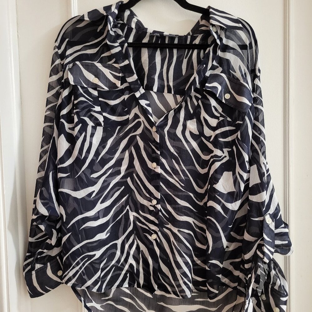 Jones New York Signature Zebra Print Sheer Button Down Blouse - 1X